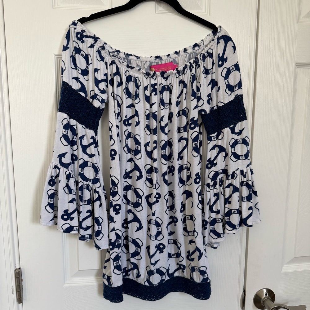 Macbeth Collection by Margaret Josephs Navy White‎ Nautical Off-Shoulder Tunic S